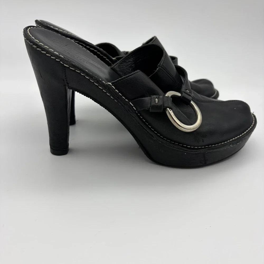 Coach Black Leather Platform Mules O-Ring Buckle Heels Y2K 8B